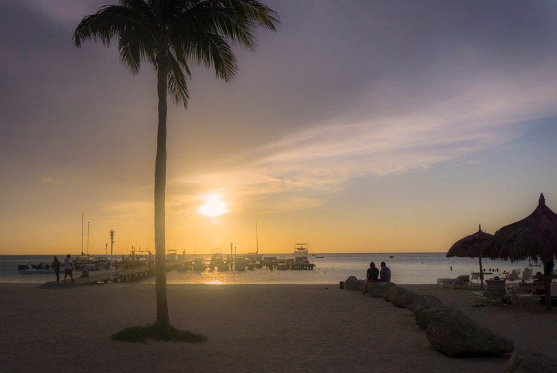 Beach and Boat Dock Sunset, Aruba.