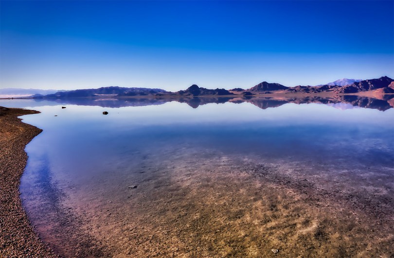 Water covering miles and miles of the Bonneville Salt Flats is only a few inches deep.
