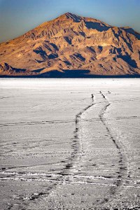 Tire tracks on the Bonneville Salt Flats.