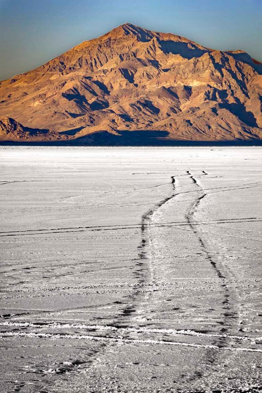 Tire tracks on the Bonneville Salt Flats.