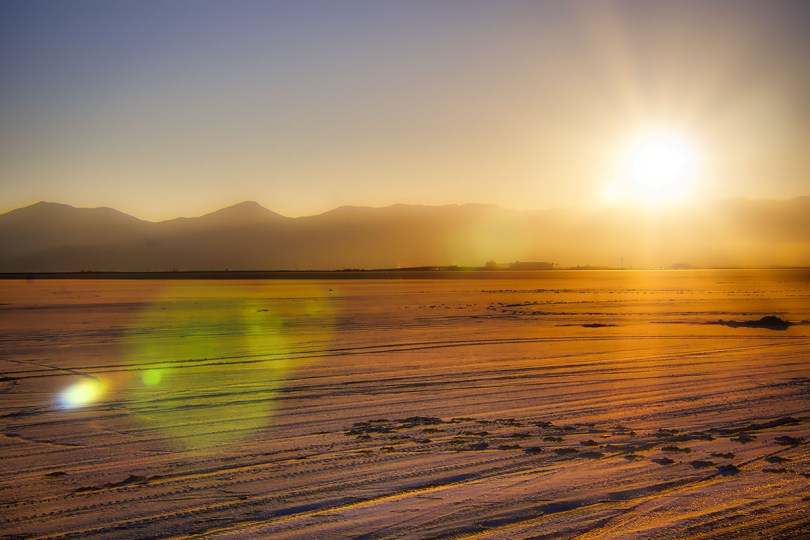 Golden sunset on the Bonneville Salt Flats.